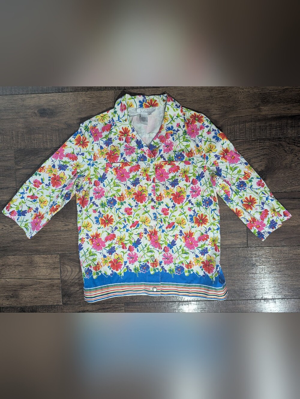 Diane's Essentials Colorful Floral Cotton Jacket Sequins Pearl Buttons Size Med